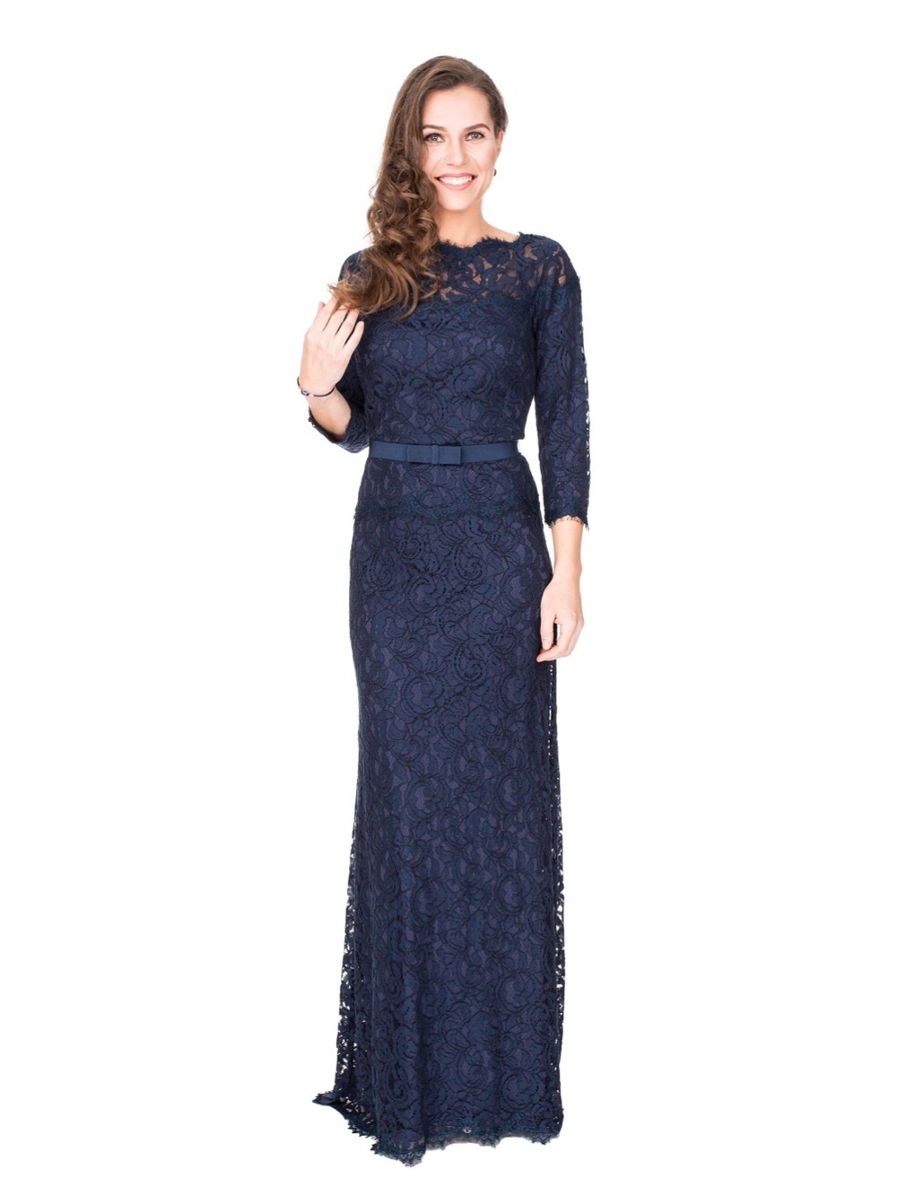 TADASHI SHOJI navy blue AMBERLY LACE boat neck ¾ SLEEVE maxi GOWN dress sz 4
